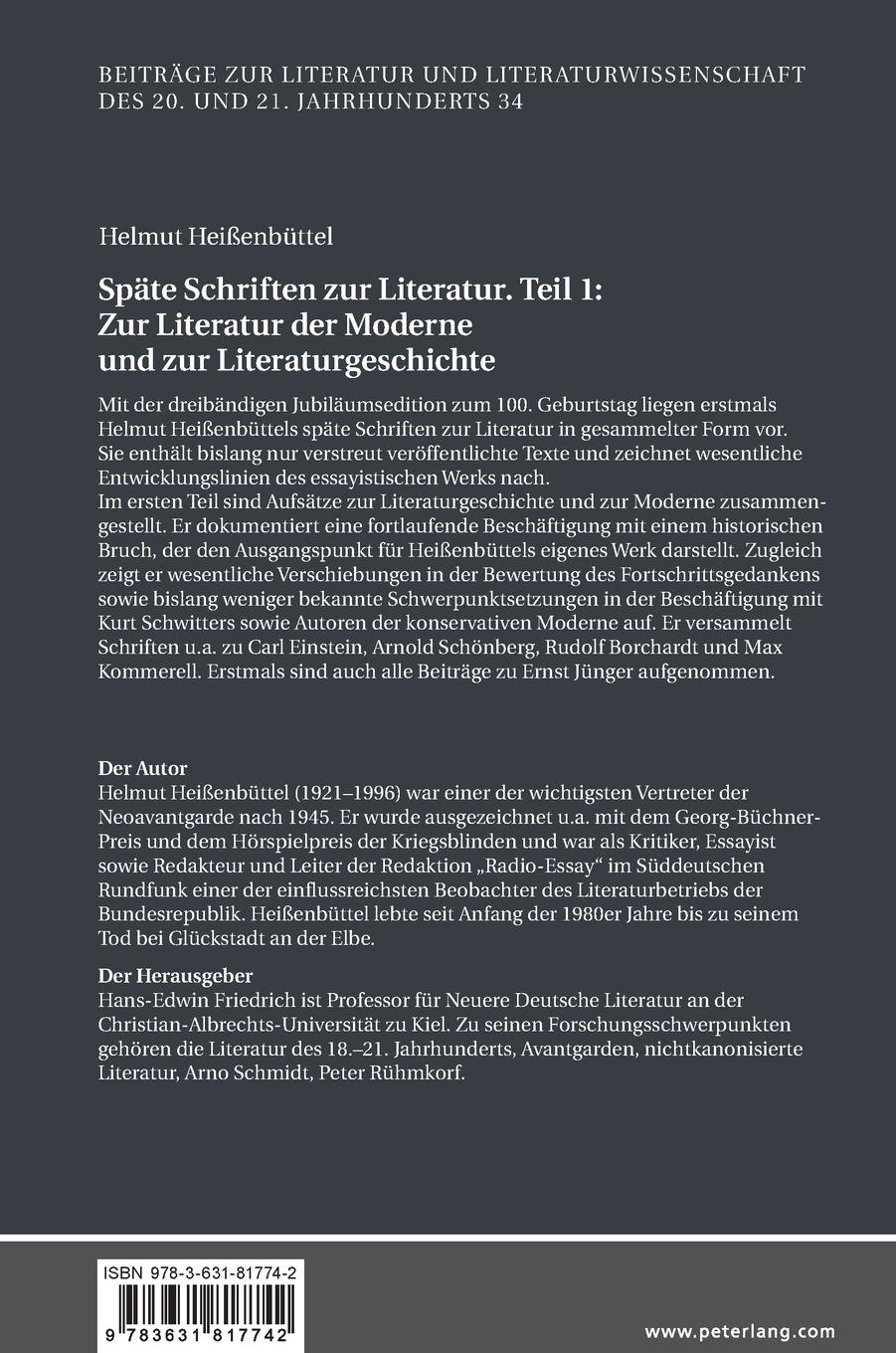 Rückseitencover Späte Schriften zur Literatur. Teil 1: Zur Literatur der Moderne und zur Literaturgeschichte