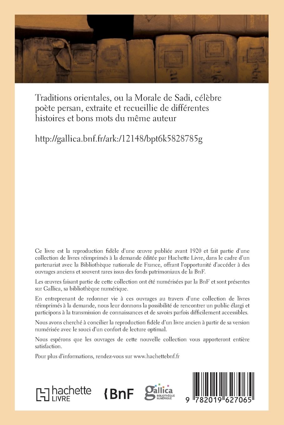 Rückseitencover Traditions Orientales Ou La Morale de Sadi, Célèbre Poète Persan