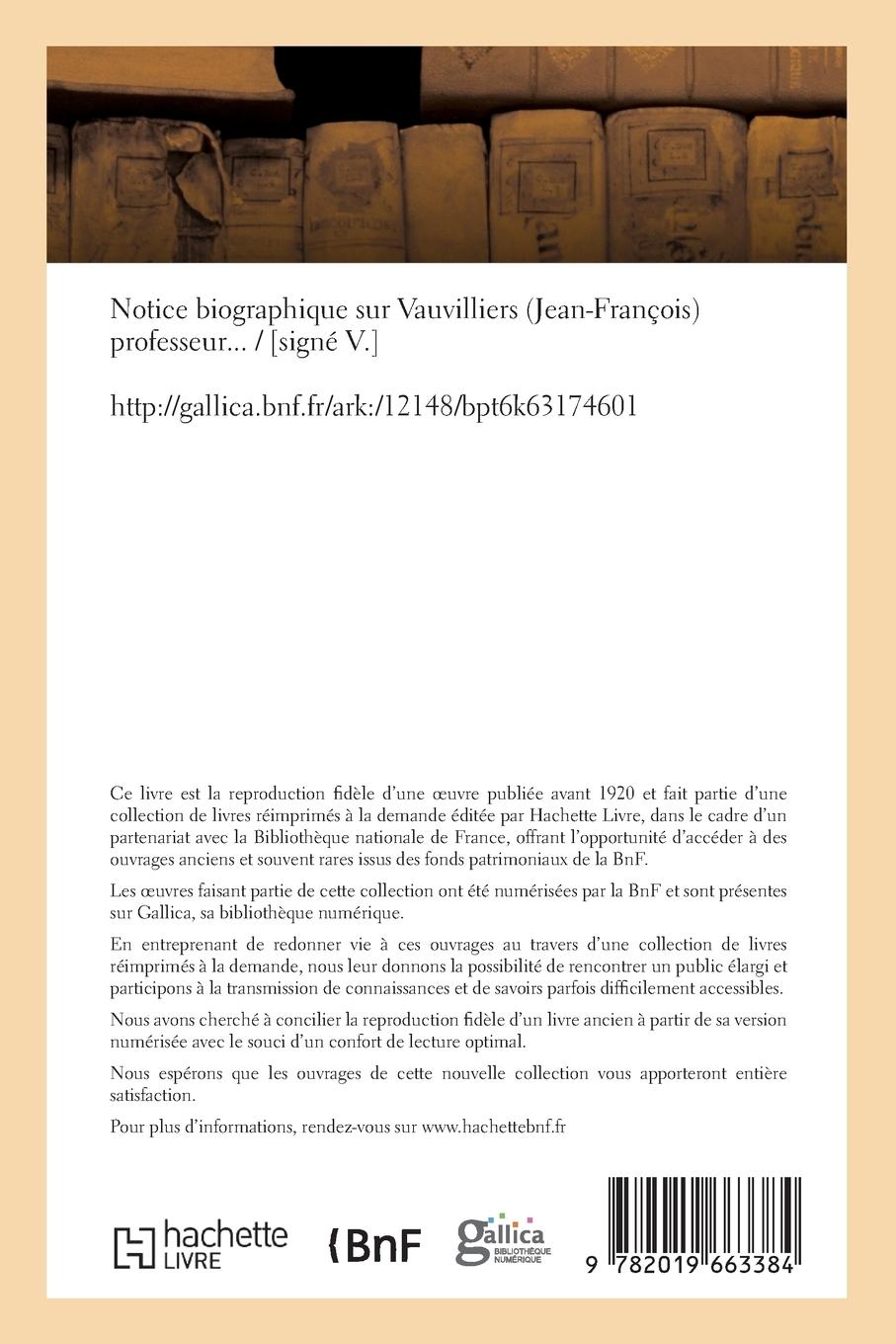 Rückseitencover Notice Biographique Sur Vauvilliers Jean-François, Professeur
