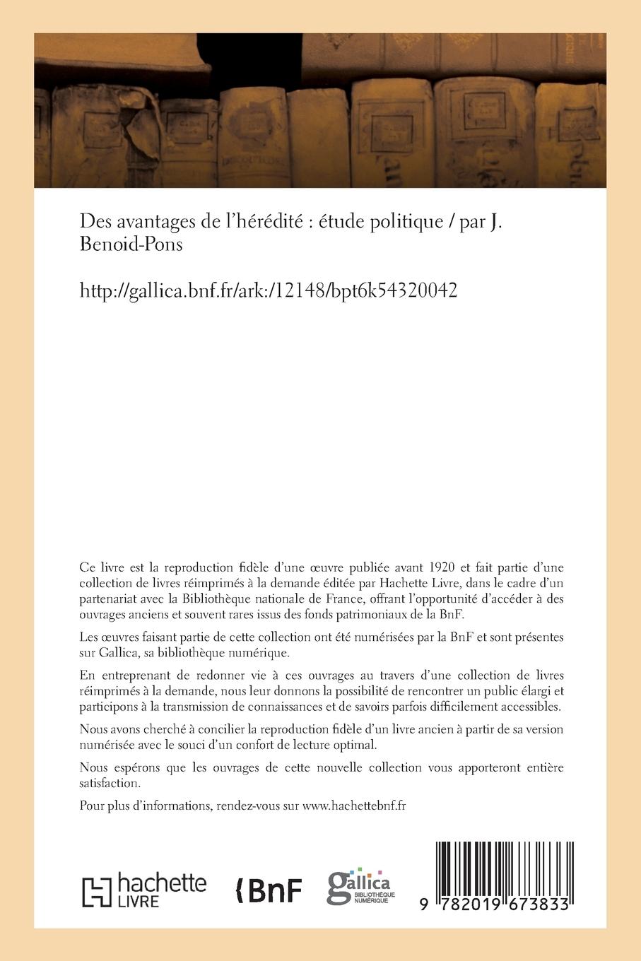 Rückseitencover Des Avantages de l'Hérédité, Étude Politique