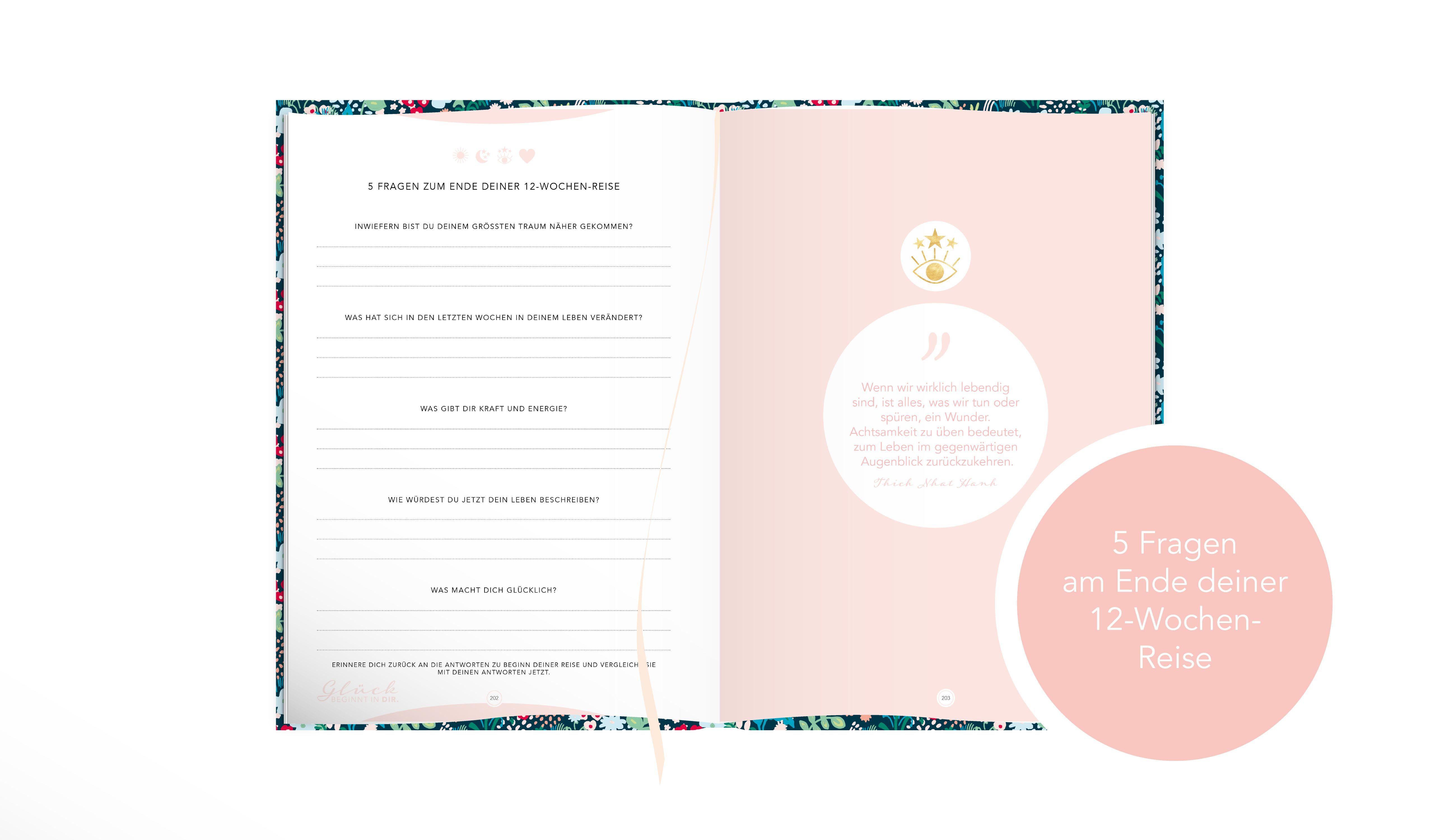 Beispielinhalt (Bild) Das Tagebuch das glücklich macht (Special Edition): 6 Minuten am Tag für mehr Glück, Positivität, Dankbarkeit und Erfolg. Dankbarkeitstagebuch zum Ausfüllen für jeden Tag. 6 Minuten Tagebuch für mehr Achtsamkeit. 12 Wochen Tagebuch in rosa