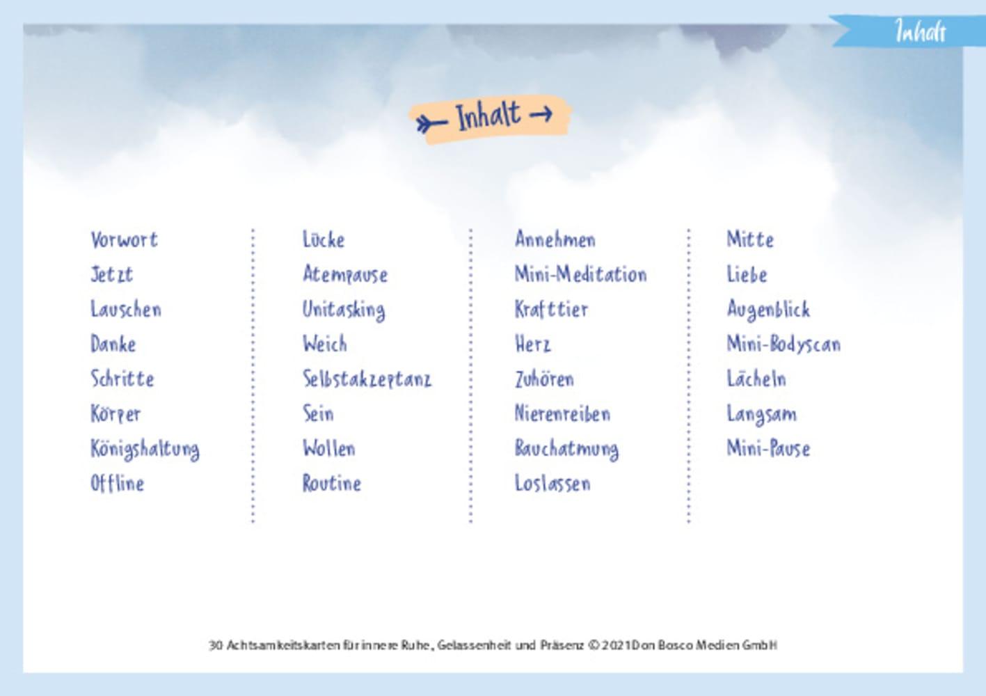Beispielinhalt (Bild) 30 Achtsamkeitskarten für innere Ruhe, Gelassenheit und Präsenz