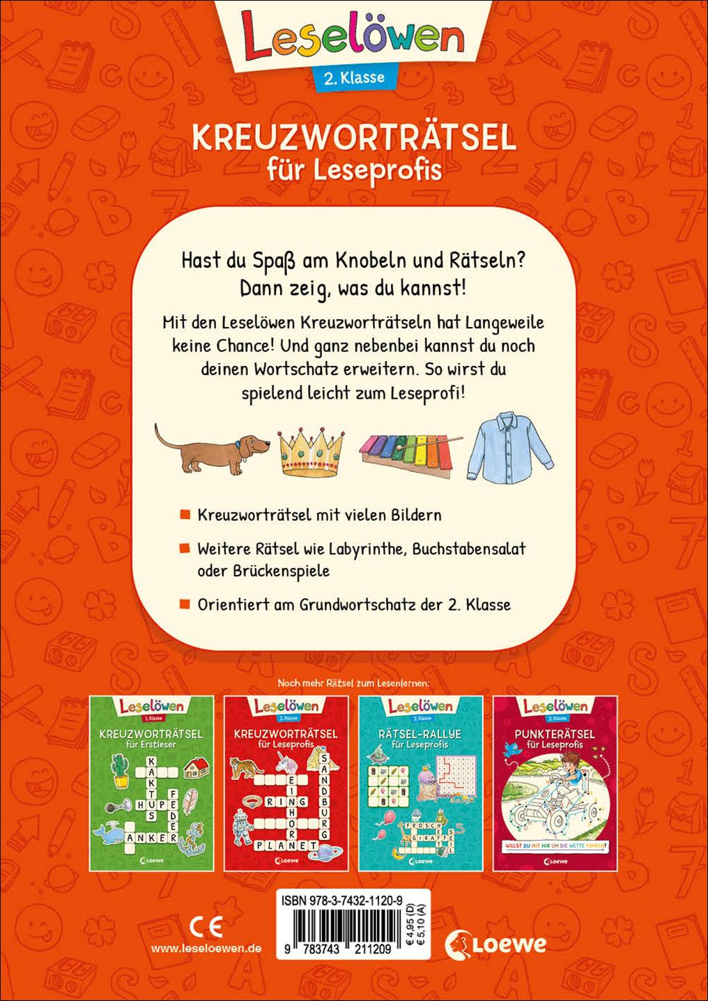 Rückseitencover Leselöwen Kreuzworträtsel für Leseprofis - 2. Klasse (Rotorange)