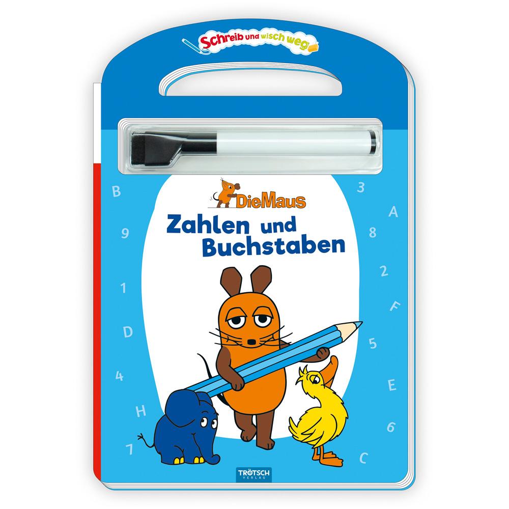Vorderes Coverbild Trötsch Die Maus Schreib und wisch weg Pappenbuch Zahlen und Buchstaben