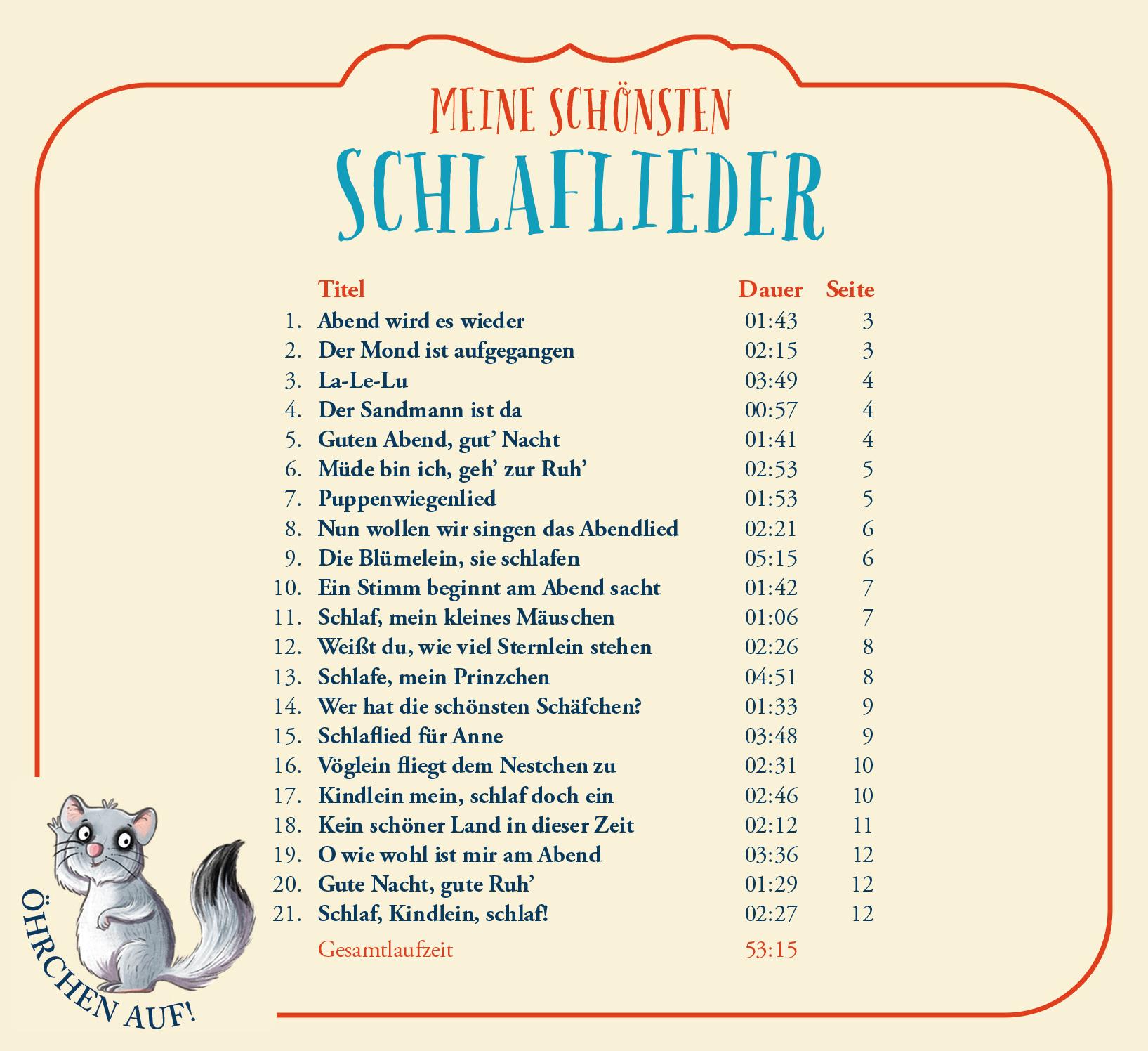 Beispielinhalt (Bild) Öhrchen auf! Meine schönsten Schlaflieder (Audio-CD)