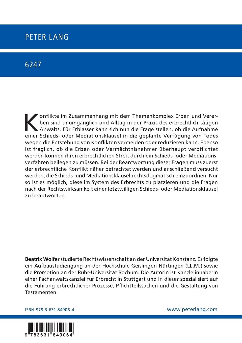 Rückseitencover Schieds- und Mediationsklauseln in Verfügungen von Todes wegen