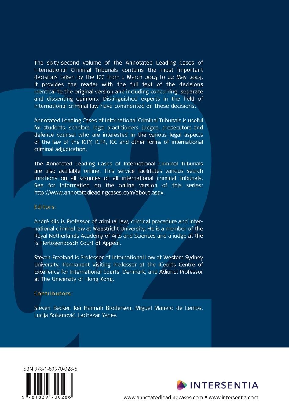 Rückseitencover Annotated Leading Cases of International Criminal Tribunals - volume 62