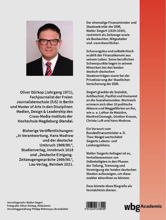 Rückseitencover Walter Siegert. Dem Gemeinwohl der Ostdeutschen verpflichtet