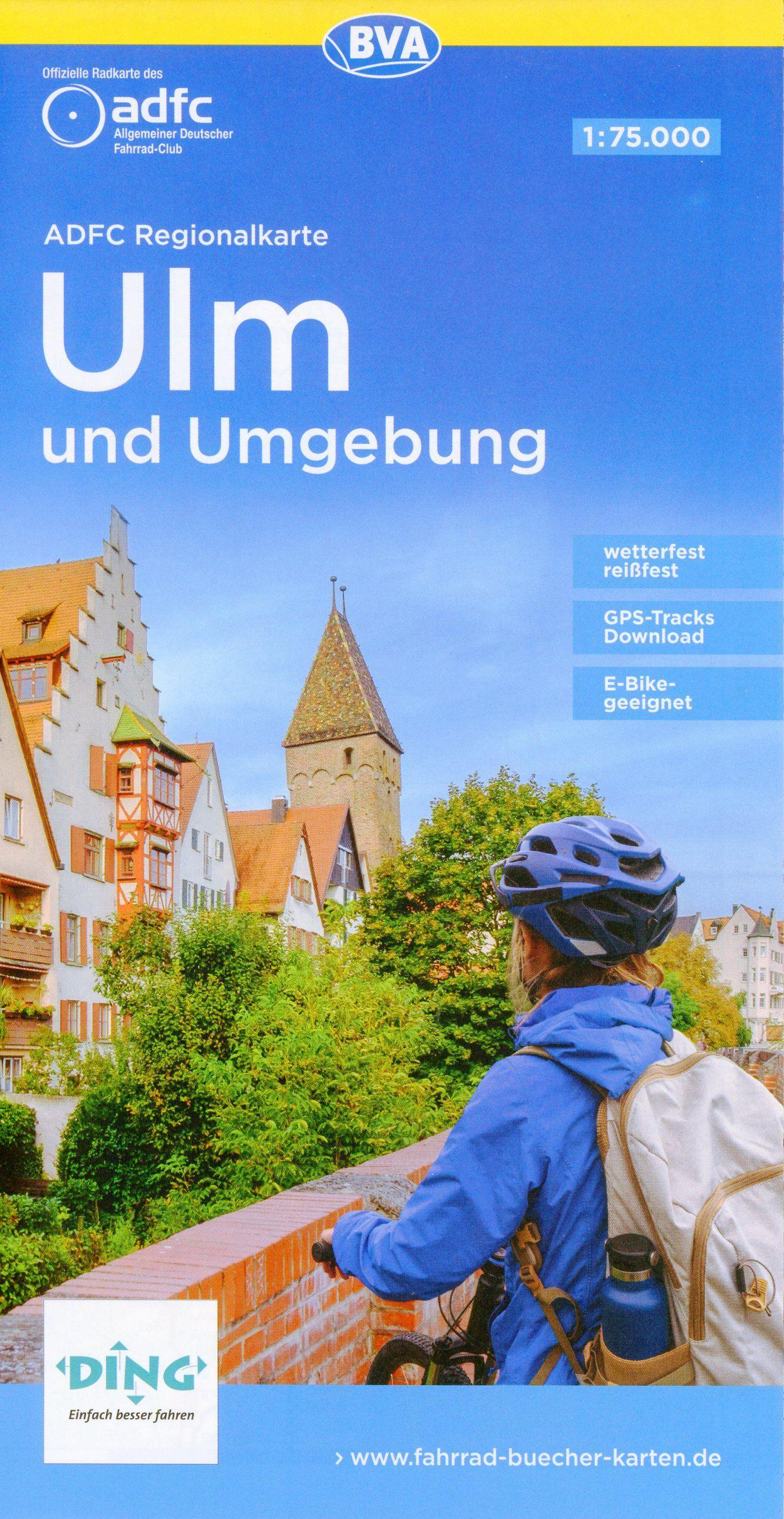 Vorderes Coverbild ADFC-Regionalkarte Ulm und Umgebung, 1:75.000, mit Tagestourenvorschlägen, reiß- und wetterfest, E-Bike-geeignet, GPS-Tracks-Download