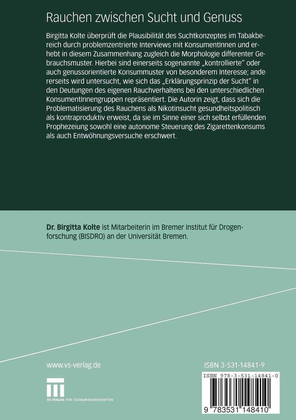 Rückseitencover Rauchen zwischen Sucht und Genuss