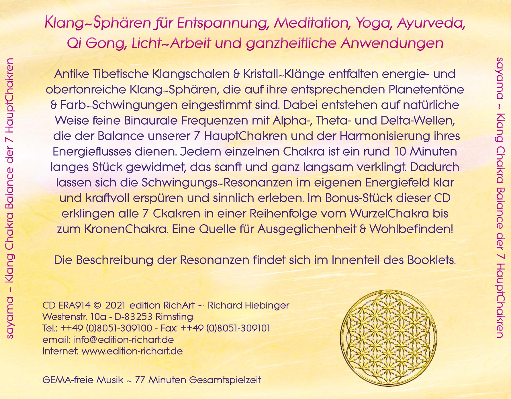 Rückseitencover KLANG CHAKRA BALANCE DER SIEBEN HAUPTCHAKREN