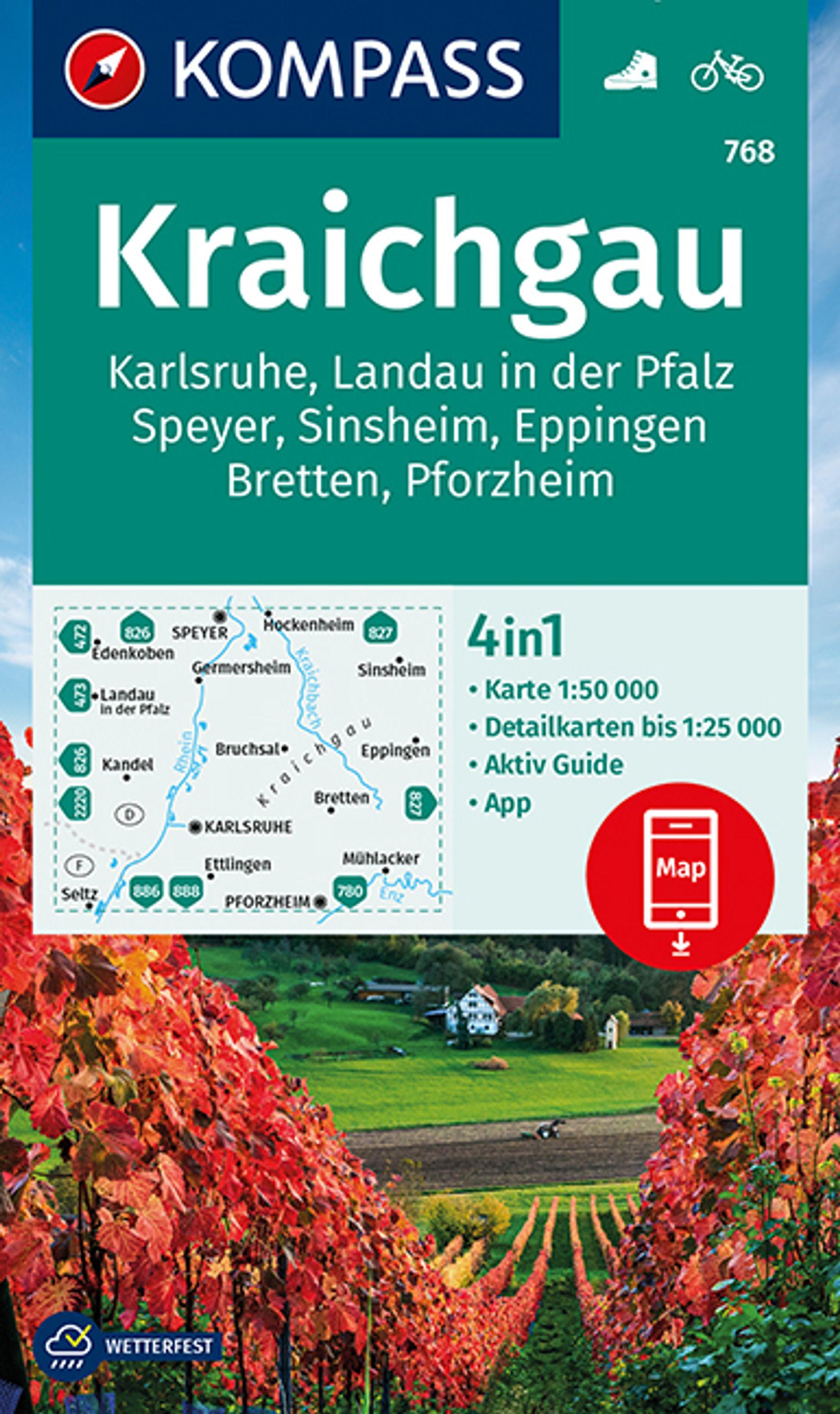 Vorderes Coverbild KOMPASS Wanderkarte 768 Kraichgau, Karlsruhe, Landau i. d. Pfalz, Speyer, Sinsheim, Eppingen, Bretten, Pforzheim, 768 1:50.000