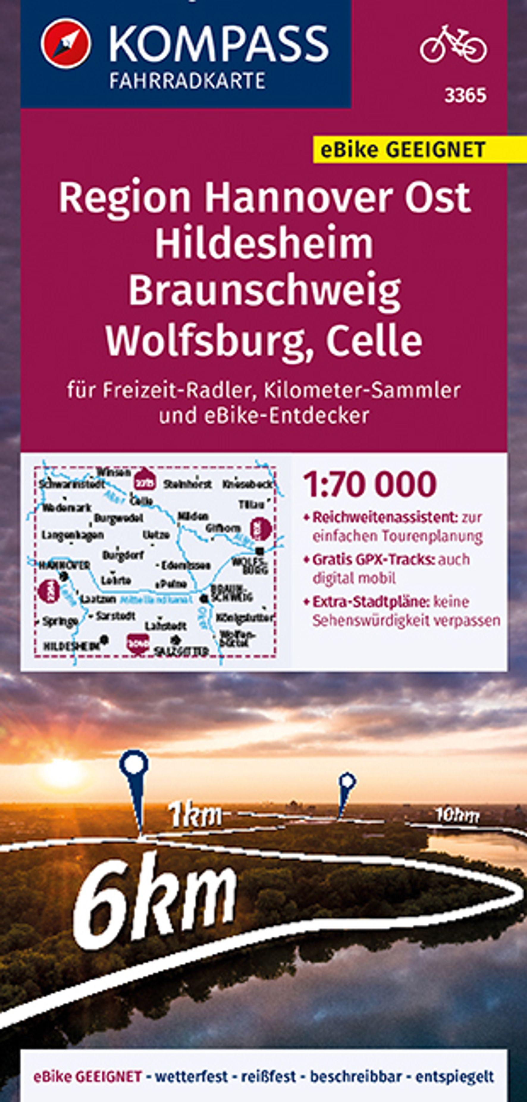 Vorderes Coverbild KOMPASS Fahrradkarte 3365 Region Hannover Ost, Hildesheim, Braunschweig, Wolfsburg, Celle 1:70.000