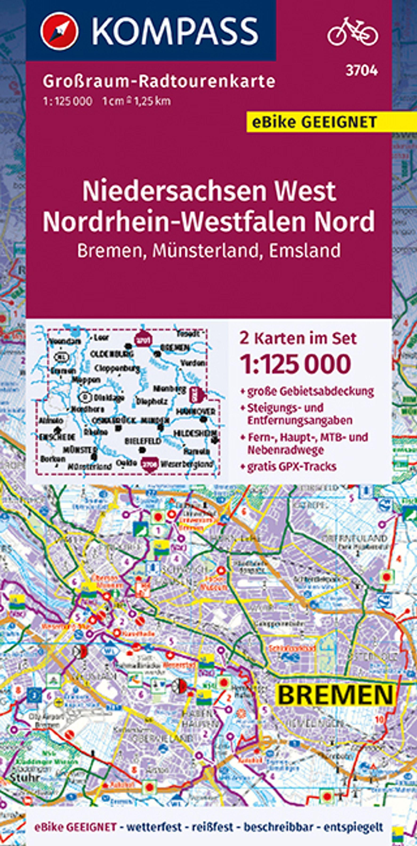 Vorderes Coverbild KOMPASS Großraum-Radtourenkarte 3704 Niedersachsen West, Nordrhein-Westfalen Nord 1:125.000