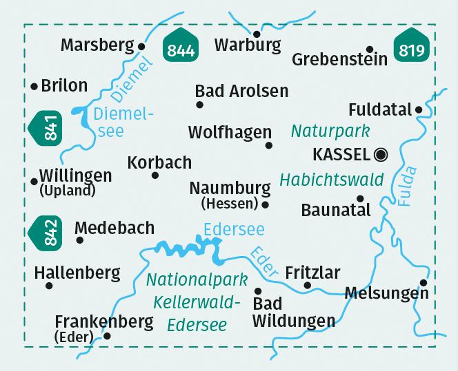 Beispielinhalt (Bild) KOMPASS Wanderkarte 845 Nationalpark Kellerwald-Edersee, Naturpark Habichtswald, Wanderregion Medebach 1:50.000