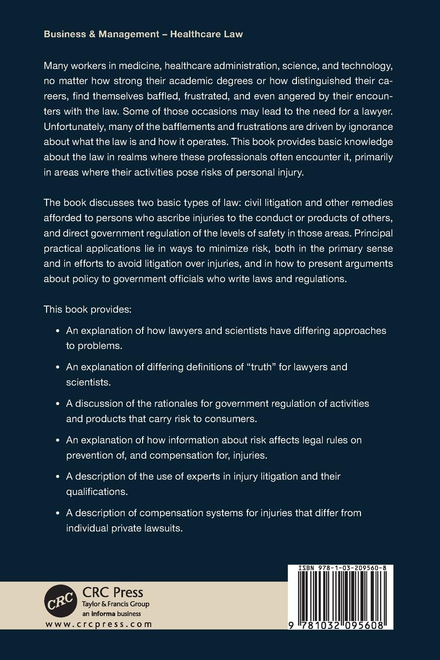 Rückseitencover Understanding the Law for Physicians, Healthcare Professionals, and Scientists