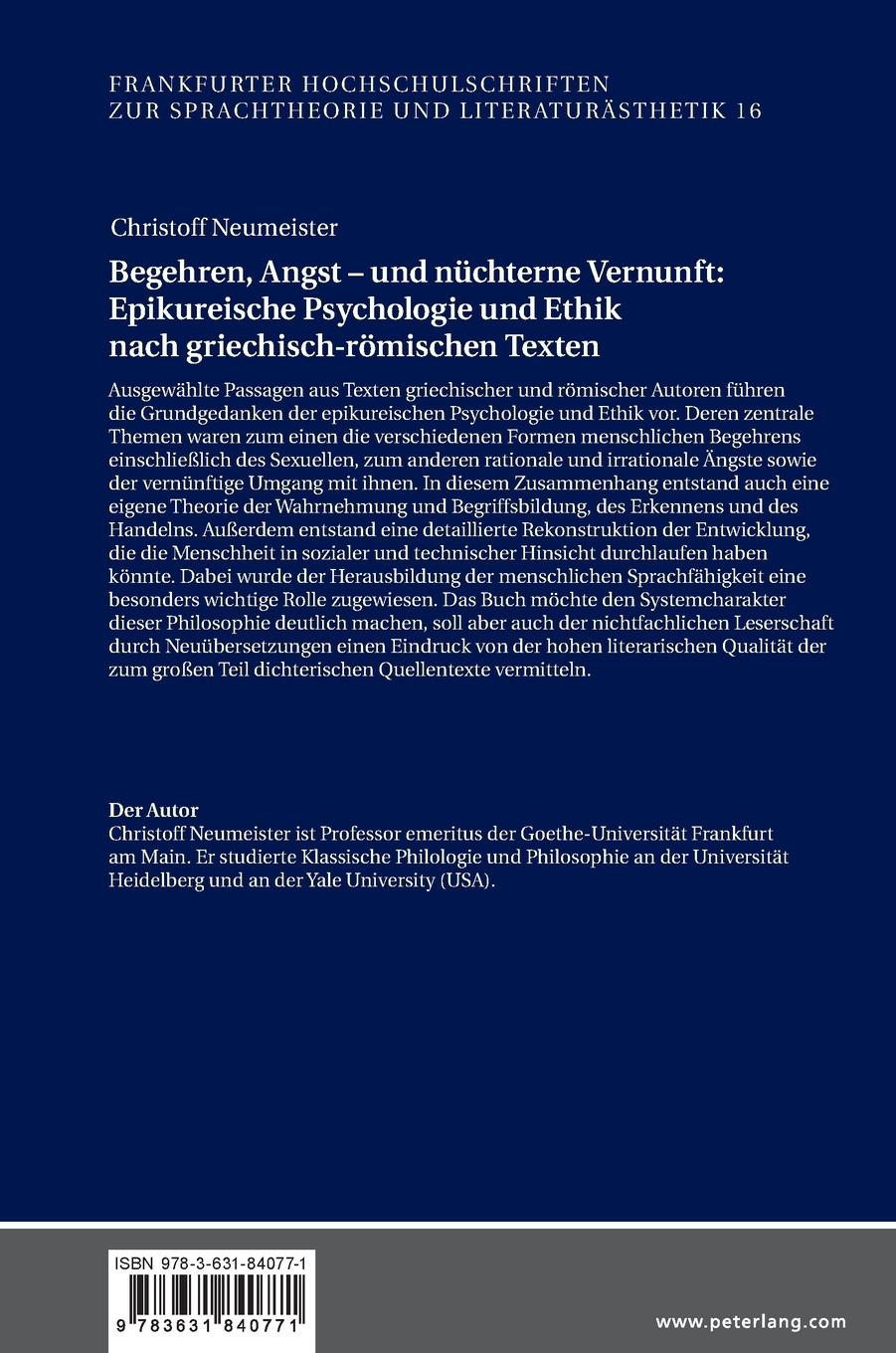 Rückseitencover Begehren, Angst - und nüchterne Vernunft: Epikureische Psychologie und Ethik nach griechisch-römischen Texten