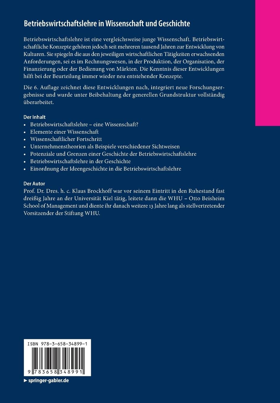Rückseitencover Betriebswirtschaftslehre in Wissenschaft und Geschichte