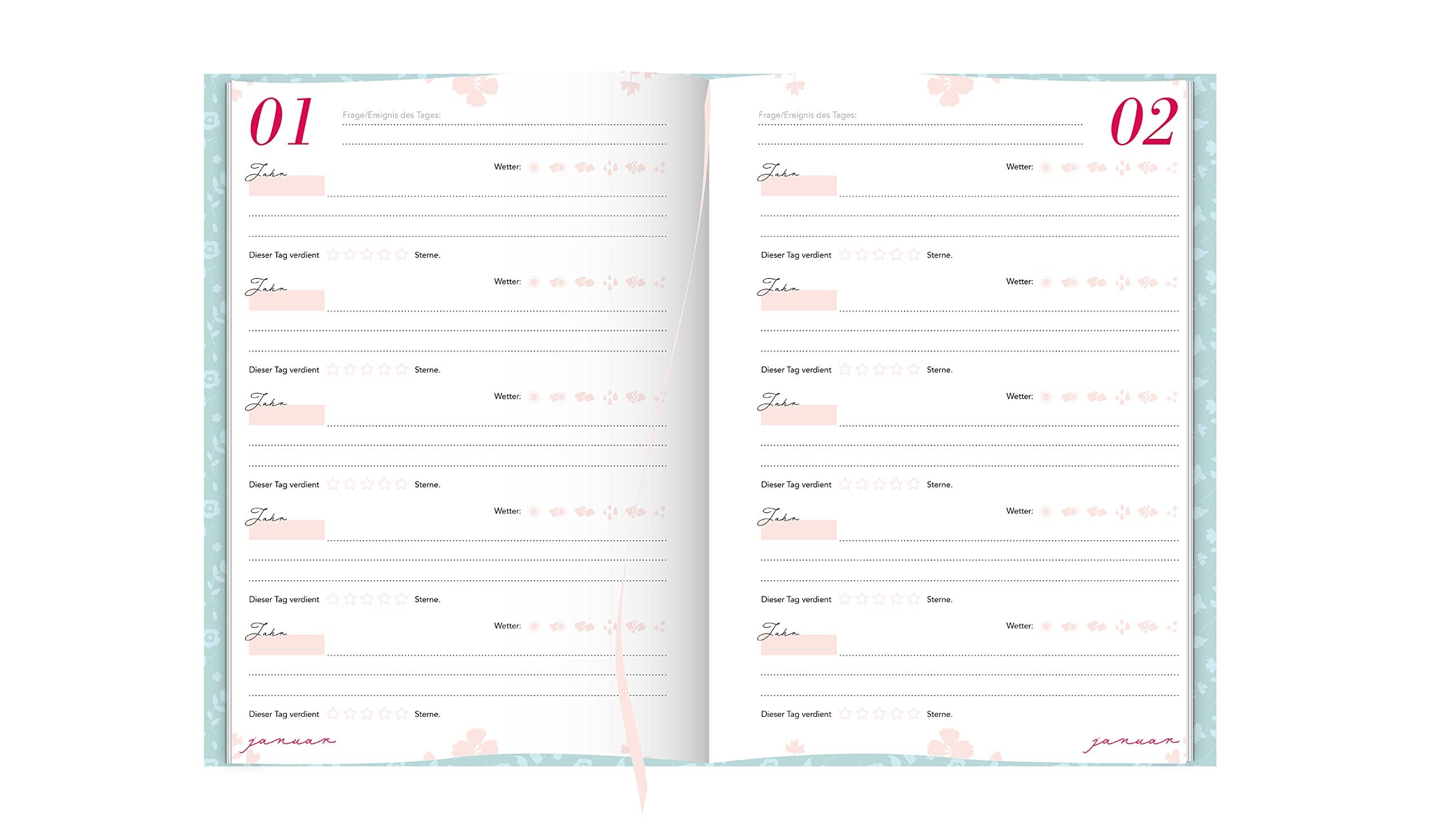 Beispielinhalt (Bild) 5 Jahresbuch: Das Tagebuch für 5 Jahre | Rosa 5 Jahres Kalender zum Ausfüllen für jeden Tag im Jahr, 365 Tage lang. Für Frauen und Mädchen. Kalender-Tagebuch