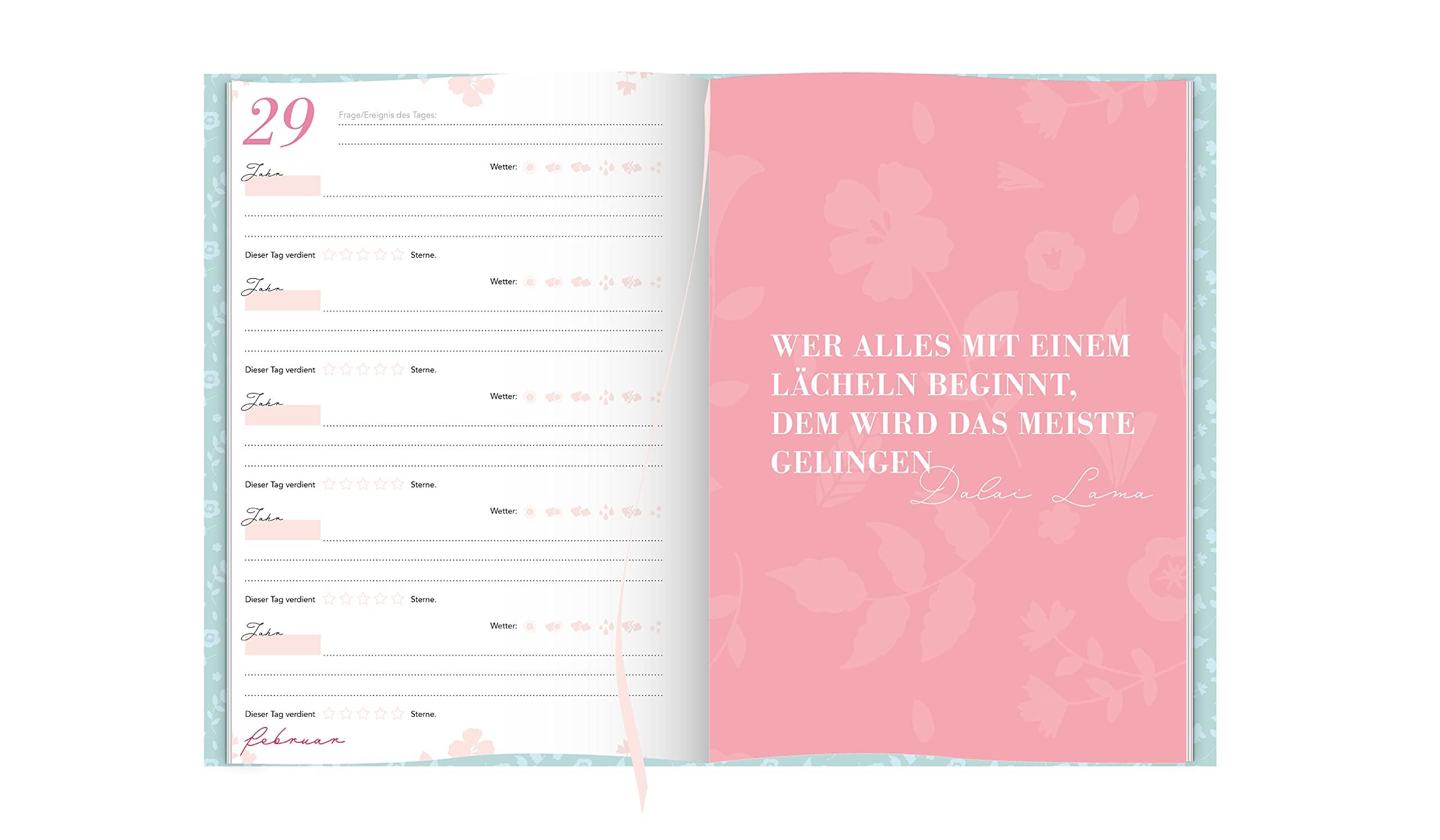 Beispielinhalt (Bild) 5 Jahresbuch: Das Tagebuch für 5 Jahre | Rosa 5 Jahres Kalender zum Ausfüllen für jeden Tag im Jahr, 365 Tage lang. Für Frauen und Mädchen. Kalender-Tagebuch