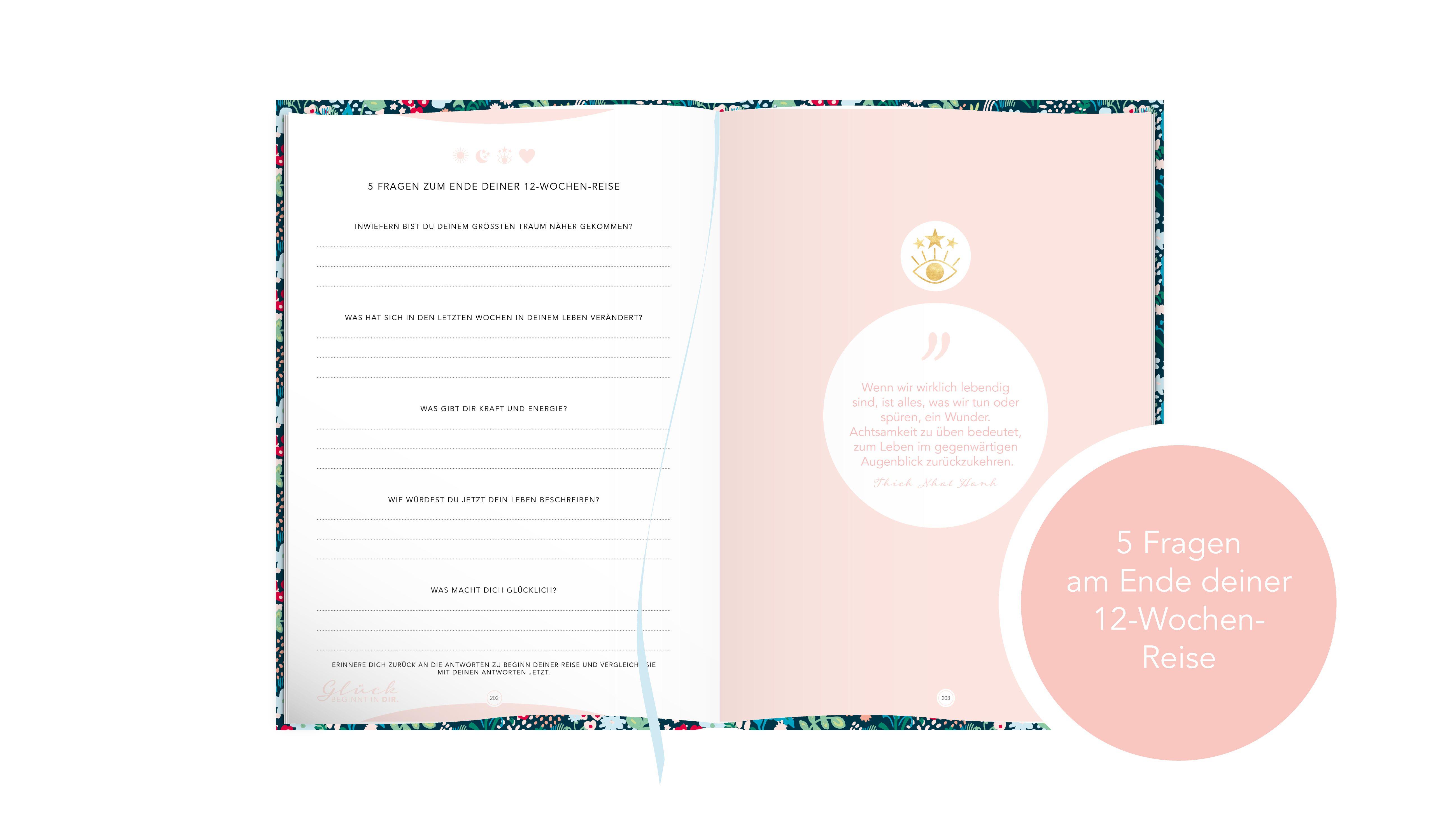 Beispielinhalt (Bild) Das Tagebuch das glücklich macht (Special Edition): 6 Minuten am Tag für mehr Glück, Positivität, Dankbarkeit und Erfolg. Dankbarkeitstagebuch zum Ausfüllen für jeden Tag. 6 Minuten Tagebuch für mehr Achtsamkeit. 12 Wochen Tagebuch in rosa/blau