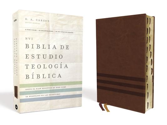Vorderes Coverbild Nvi, Biblia de Estudio Teología Bíblica, Interior a Cuatro Colores, Leathersoft, Café, Con Índice