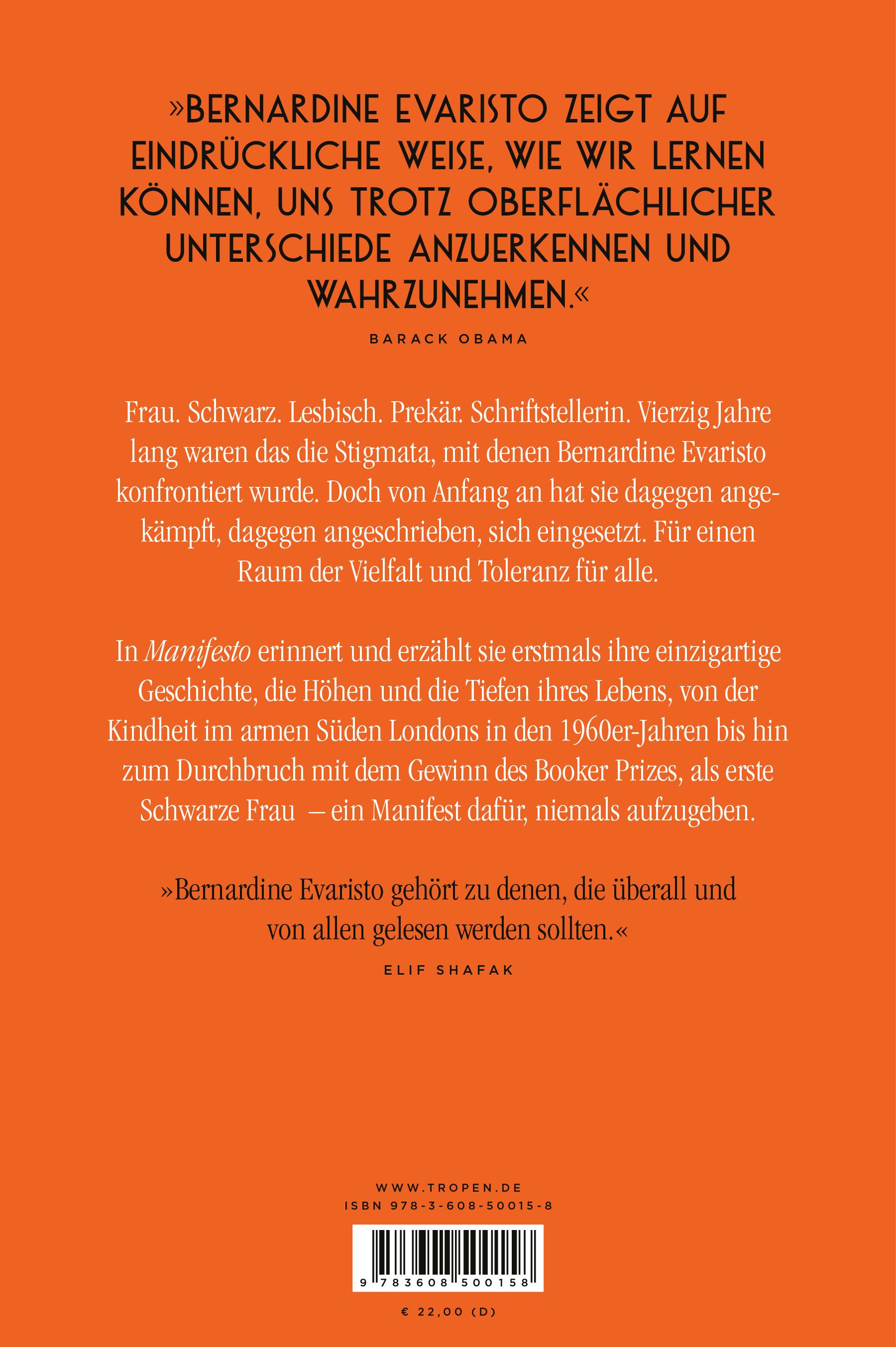 Rückseitencover Manifesto. Warum ich niemals aufgebe. Ein inspirierendes Buch über den Lebensweg der ersten Schwarzen Booker-Prize-Gewinnerin und Bestseller-Autorin von »Mädchen, Frau etc.«