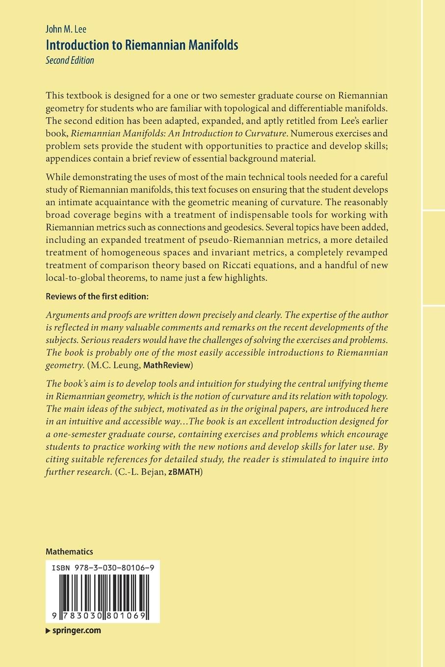 Rückseitencover Introduction to Riemannian Manifolds