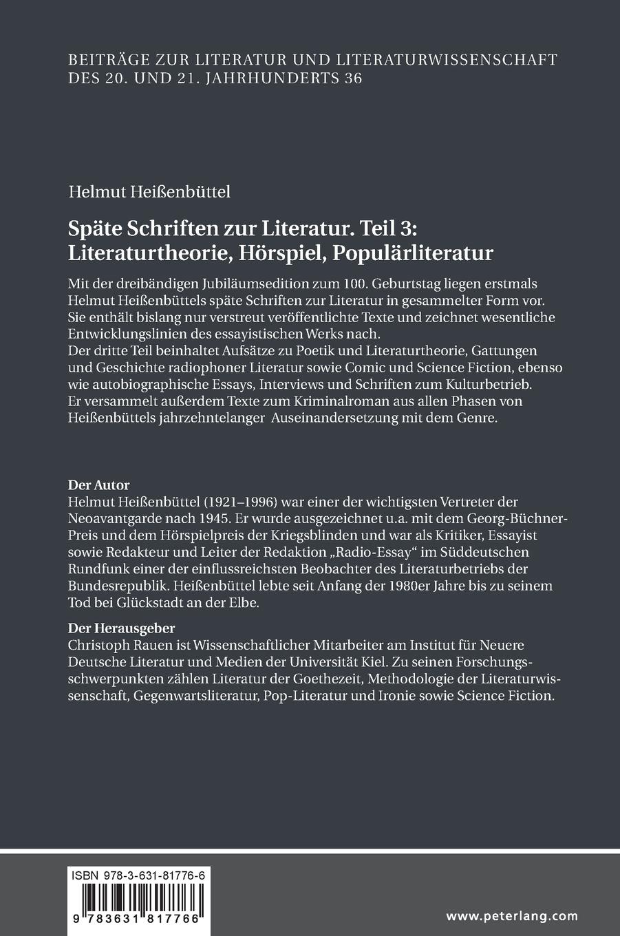 Rückseitencover Späte Schriften zur Literatur. Teil 3: Literaturtheorie, Hörspiel, Populärliteratur