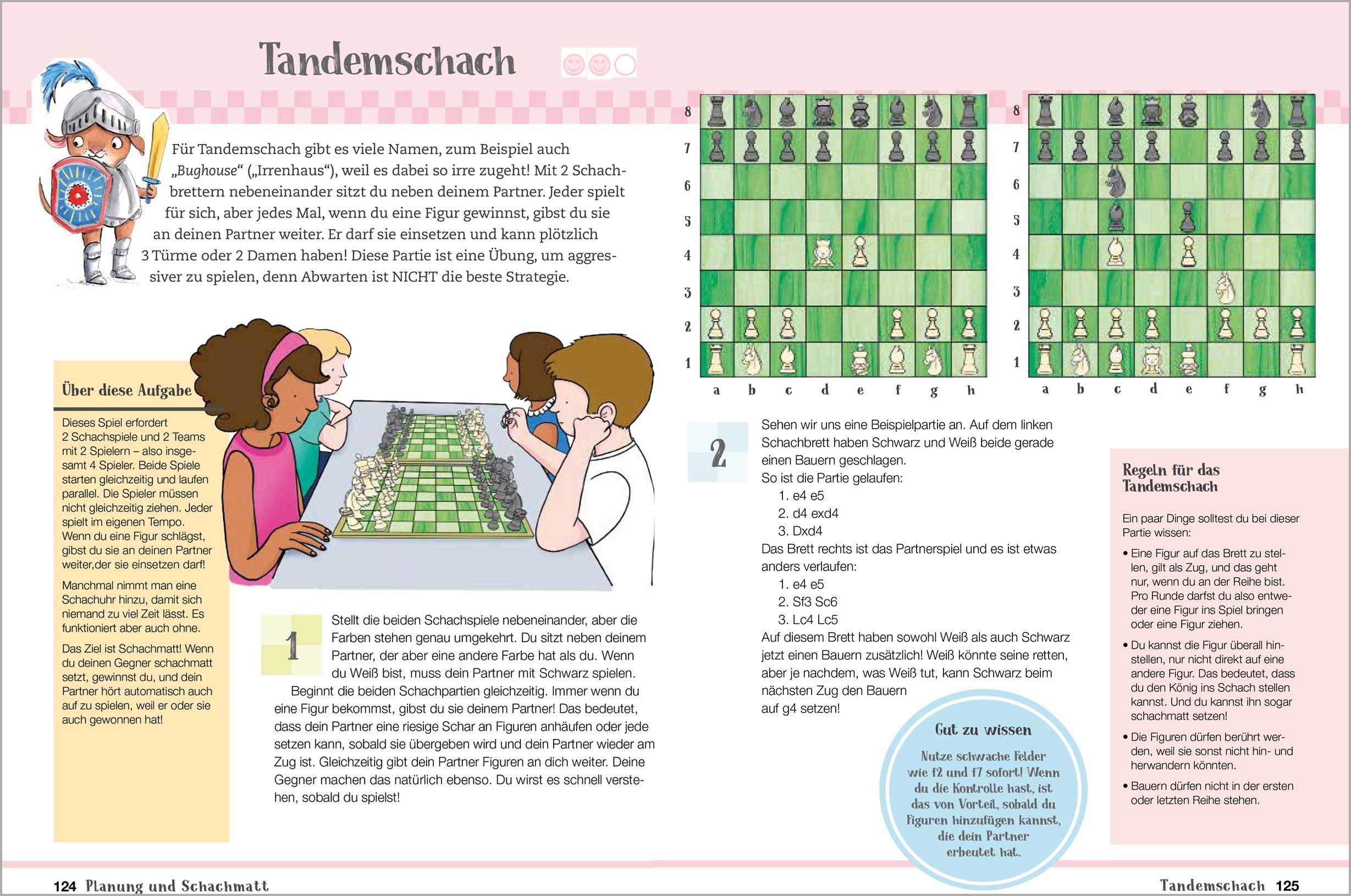 Beispielinhalt (Bild) Mein erstes Buch vom Schach. Tricks und Strategien in 3 Schwierigkeitsstufen. Für Kinder ab 7 Jahren