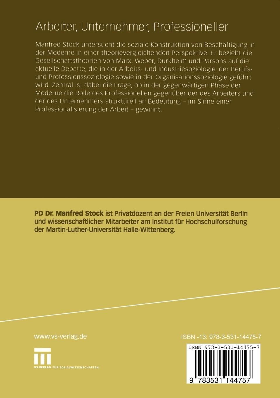 Rückseitencover Arbeiter, Unternehmer, Professioneller