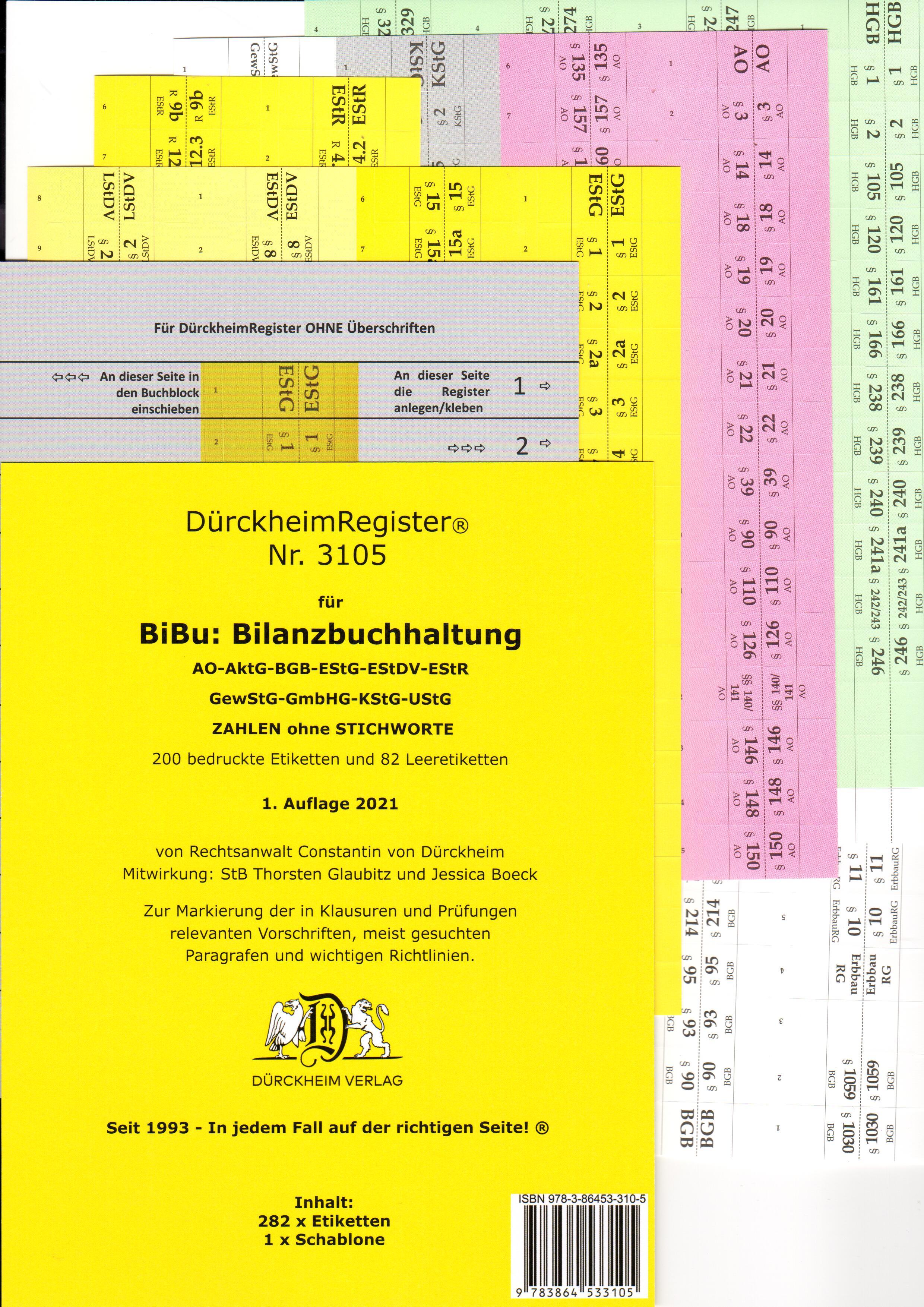 Vorderes Coverbild DürckheimRegister® BiBu-BILANZSTEUERRECHT Register für deine AO-AktG-BGB-EStG-EStR-KStG-UStG-GmbHG-HGB-UmwG nur Zahlen und §§ (2021)