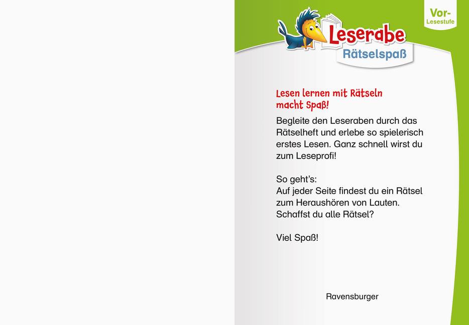 Beispielinhalt (Bild) Ravensburger Leserabe Rätselspaß - Erstlese-Rätsel für Lesestarter ab 5 Jahren - Vor-Lesestufe