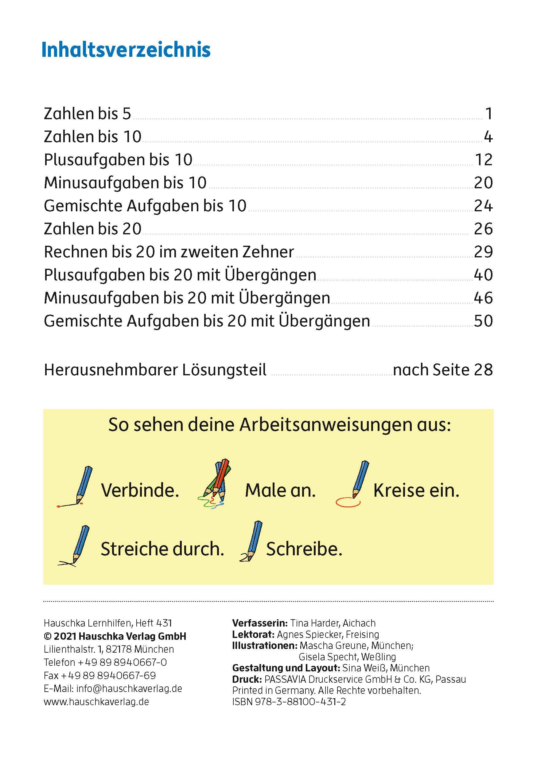 Beispielinhalt (Bild) Mein Übungsheft Rechnen lernen 1. Klasse