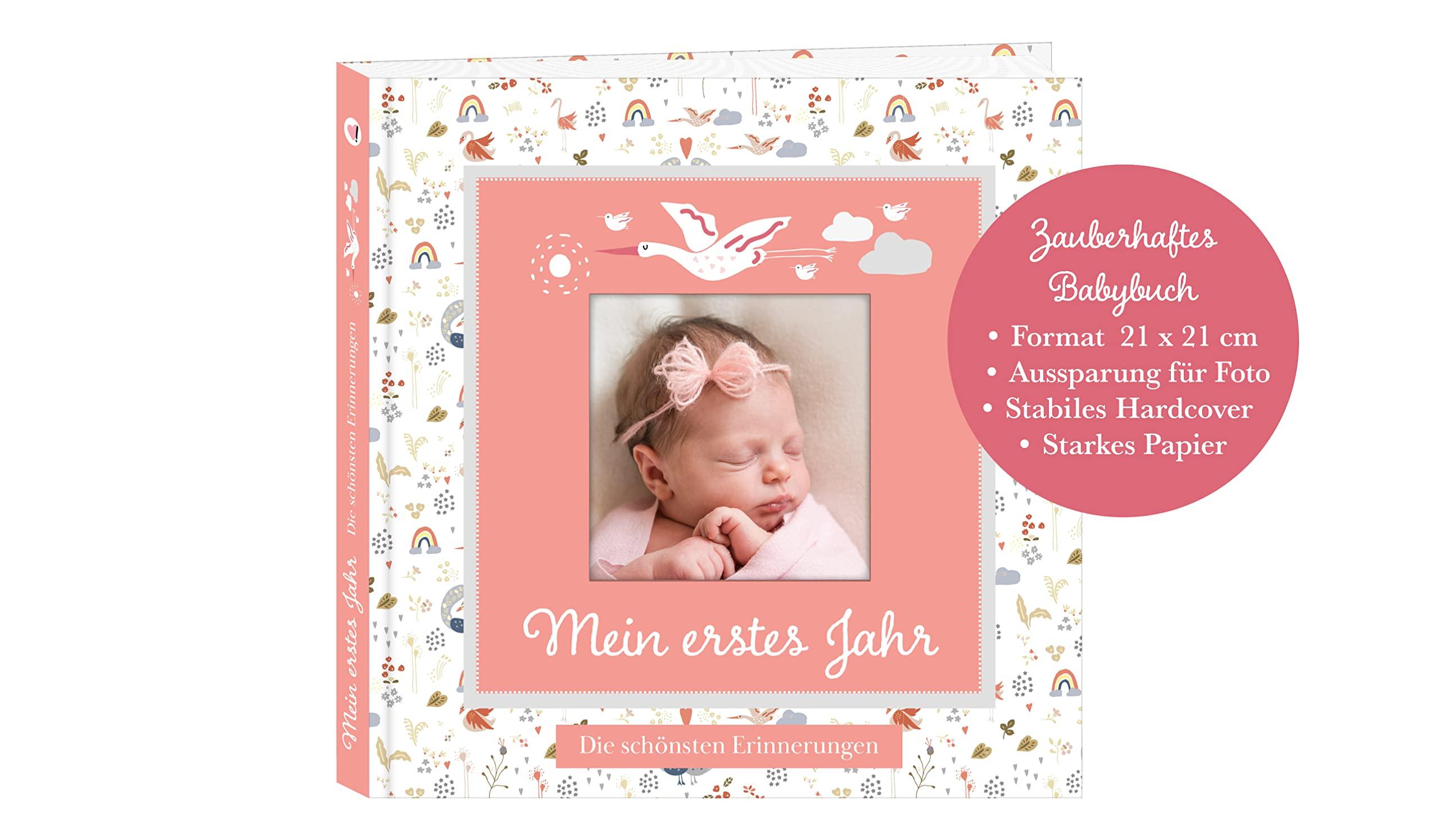 Beispielinhalt (Bild) Babyalbum mit Fensterausschnitt für das 1. Lebensjahr zum Eintragen der schönsten Momente und Erinnerungen mit Platz für Fotos | für Mädchen