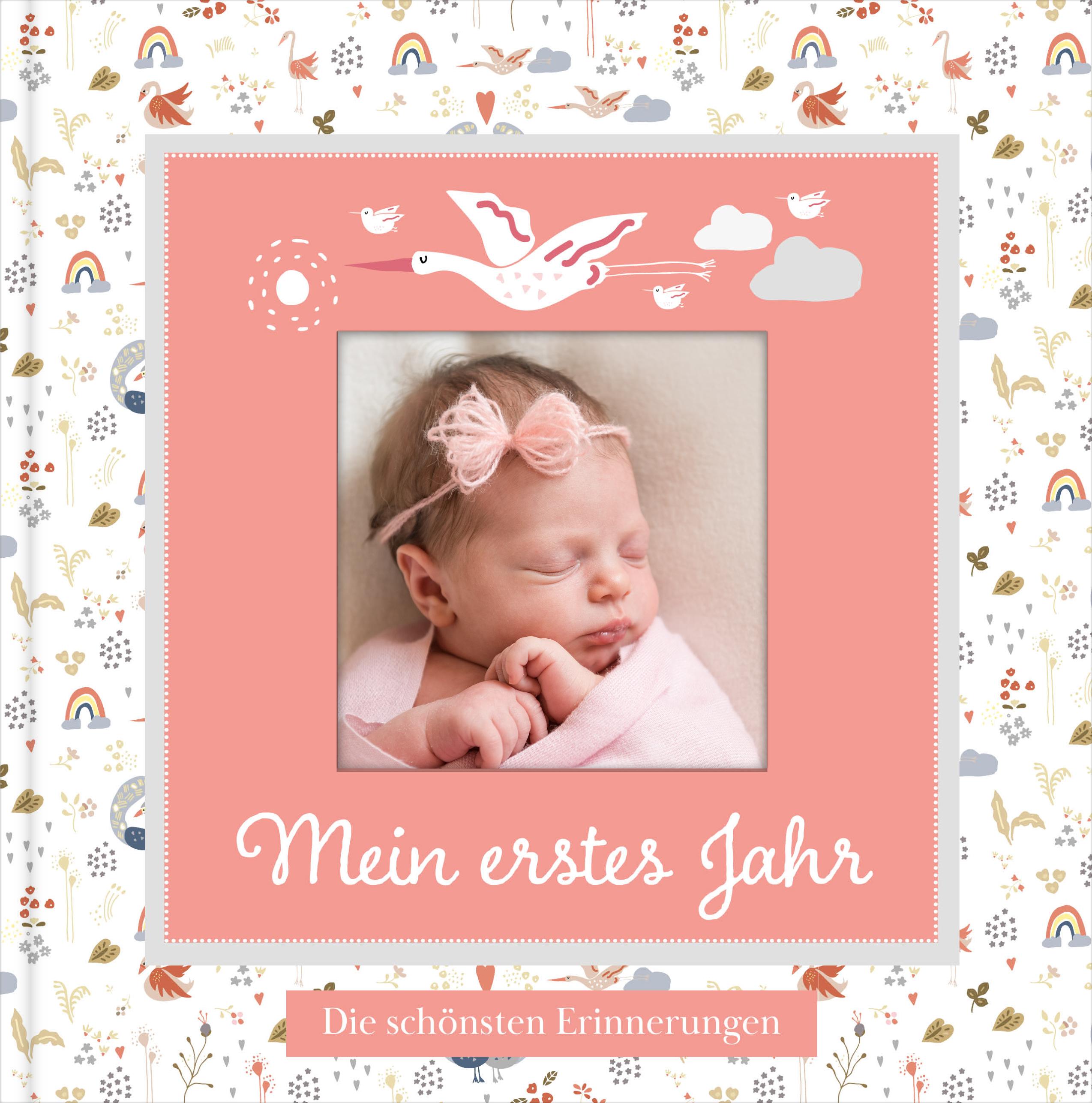 Vorderes Coverbild Babyalbum mit Fensterausschnitt für das 1. Lebensjahr zum Eintragen der schönsten Momente und Erinnerungen mit Platz für Fotos | für Mädchen
