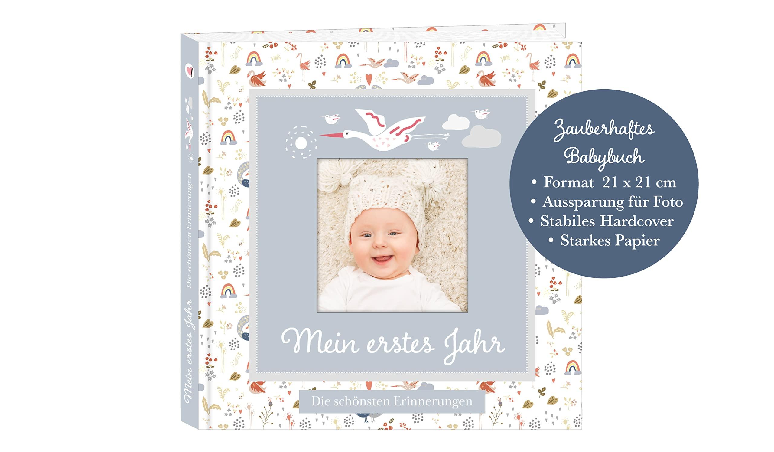 Beispielinhalt (Bild) Babyalbum mit Fensterausschnitt für das 1. Lebensjahr zum Eintragen der schönsten Momente und Erinnerungen mit Platz für Fotos | genderneutral für Jungen und Mädchen