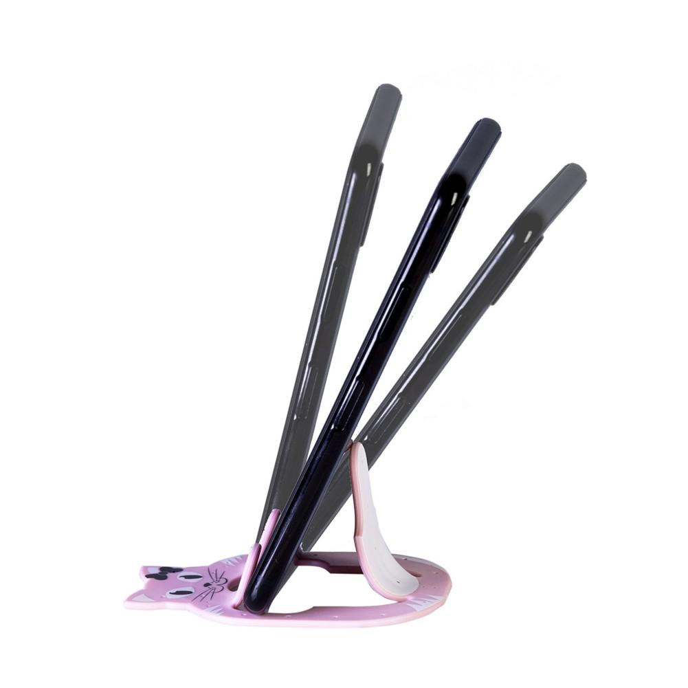 Beispielinhalt (Bild) Flexistand (Pink Katze) | flexibler Handyaufsteller | für alle Handys und Mini-Tablets | superflach | flexibel einstellbar | hochkant und quer | passt in jede Hosentasche