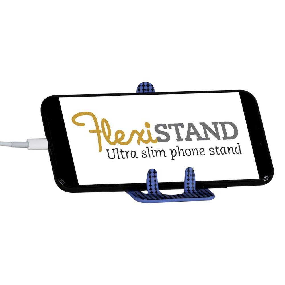 Beispielinhalt (Bild) Flexistand (Blue Dots) | flexibler Handyaufsteller | für alle Handys und Mini-Tablets | superflach | stufenlos verstellbar | hochkant und quer | passt in jede Hosentasche