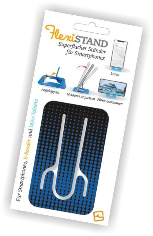 Vorderes Coverbild Flexistand (Blue Dots) | flexibler Handyaufsteller | für alle Handys und Mini-Tablets | superflach | stufenlos verstellbar | hochkant und quer | passt in jede Hosentasche