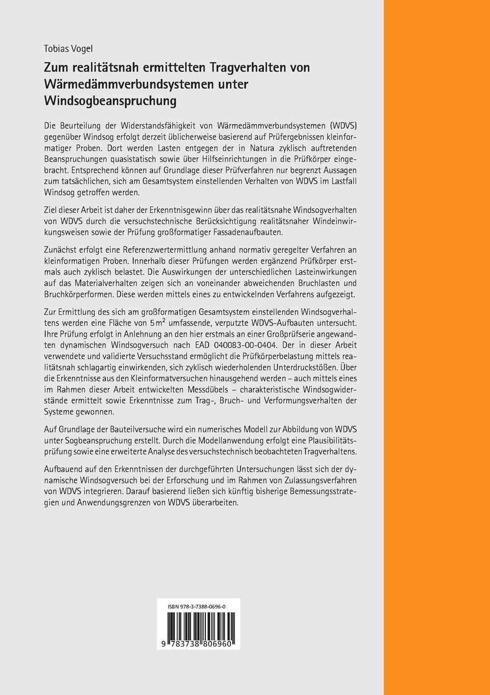 Rückseitencover Zum realitätsnah ermittelten Tragverhalten von Wärmedämmverbundsystemen unter Windsogbeanspruchung.
