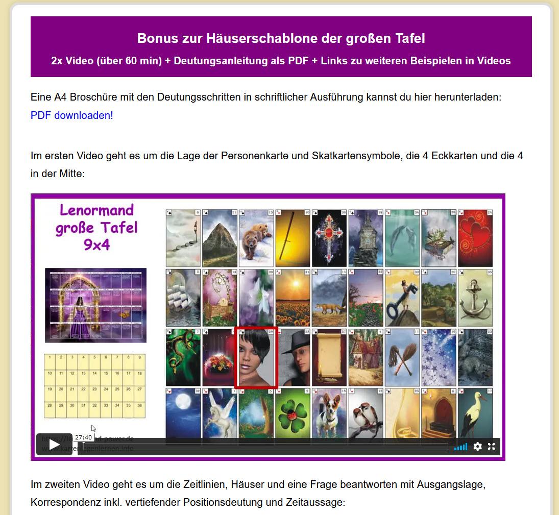 Beispielinhalt (Bild) Lenormand große Tafel 9x4 Legeschablone