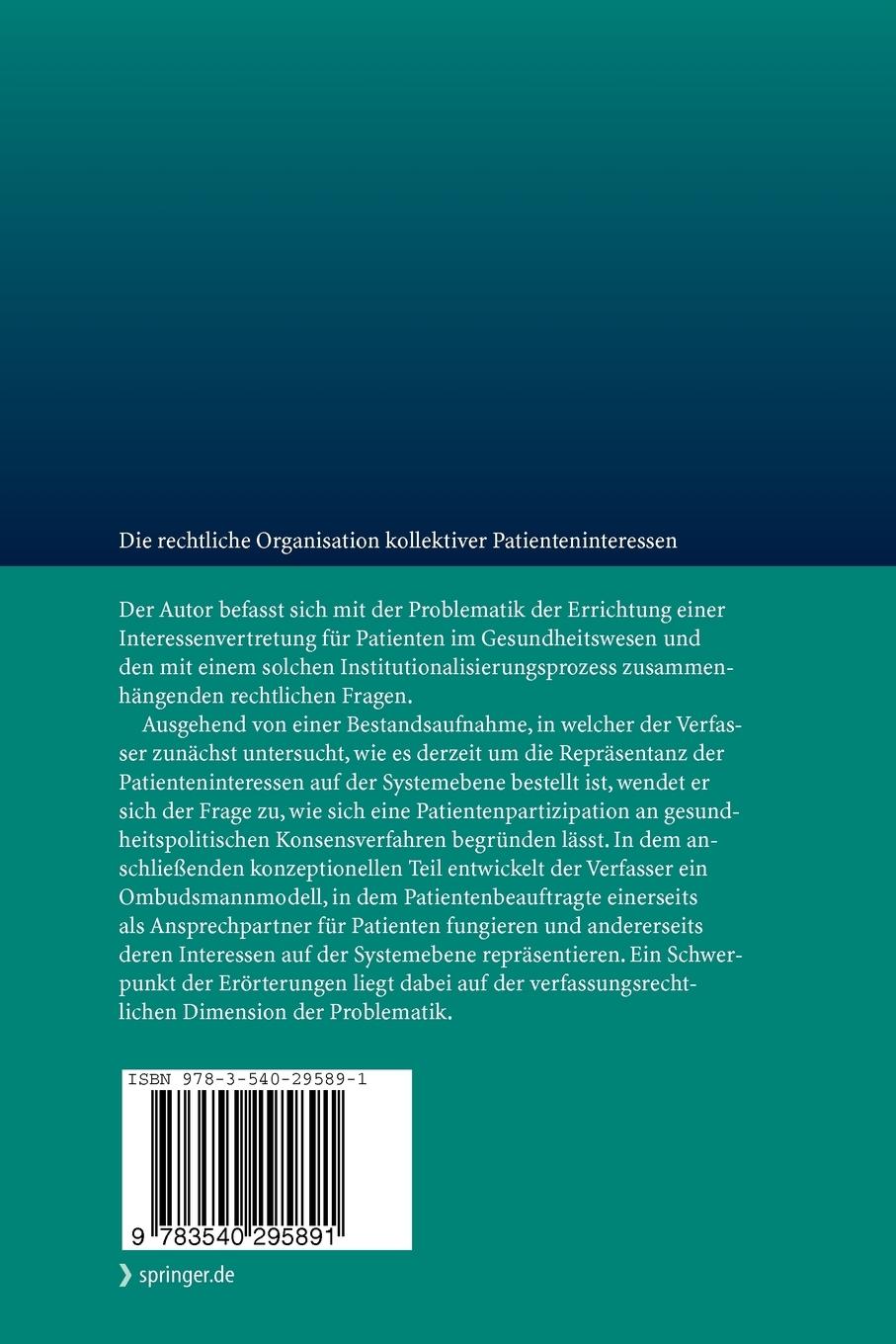 Rückseitencover Die rechtliche Organisation kollektiver Patienteninteressen