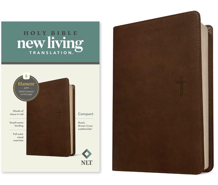 Vorderes Coverbild NLT Compact Bible, Filament Enabled (Leatherlike, Rustic Brown Cross, Red Letter)