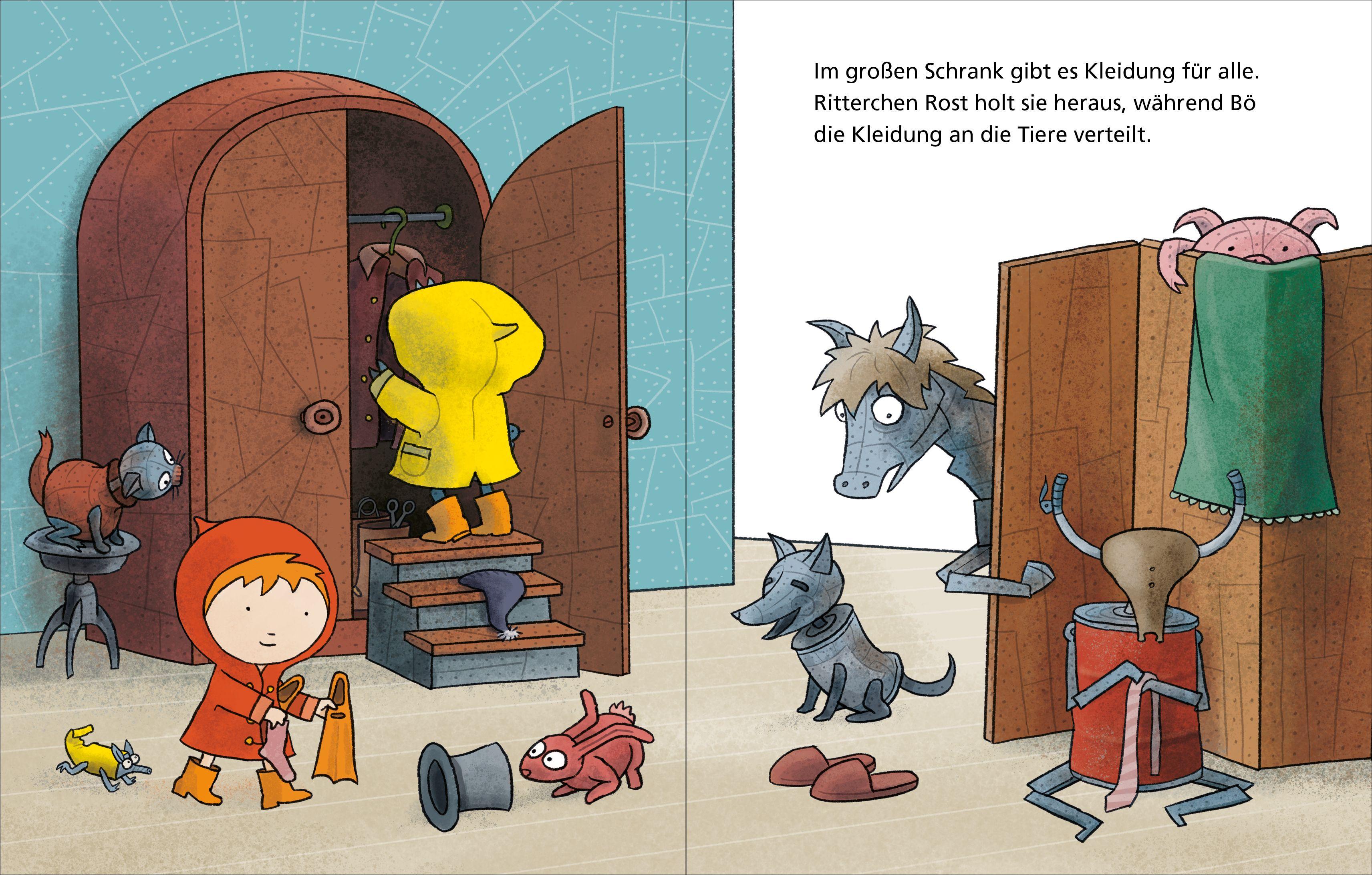 Beispielinhalt (Bild) Ritterchen Rost - Jacke, Stiefel, Mütze, ab in die Pfütze!: Pappbilderbuch (Ritterchen Rost)