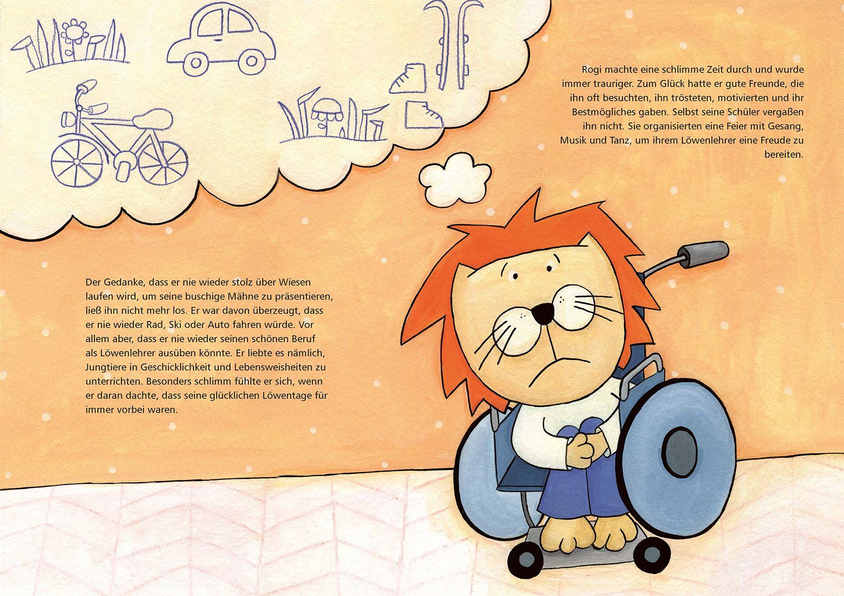 Beispielinhalt (Bild) Rogi findet sein Glück. Ein Kinderfachbuch über das Leben mit Rollstuhl. Kindern mit Behinderung Mut machen. Mit Elterninfos zum Thema Rückenmarksverletzung und Querschnittslähmung. Vorlesebuch ab 3.