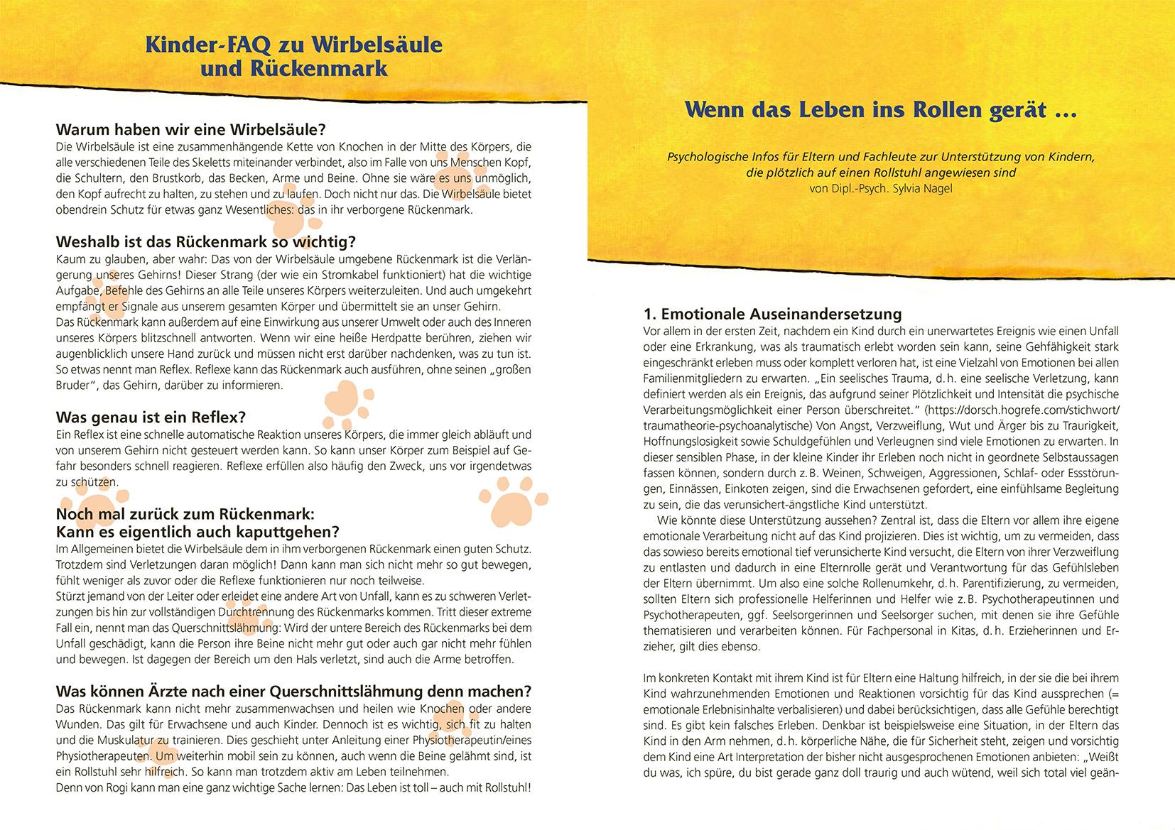 Beispielinhalt (Bild) Rogi findet sein Glück. Ein Kinderfachbuch über das Leben mit Rollstuhl. Kindern mit Behinderung Mut machen. Mit Elterninfos zum Thema Rückenmarksverletzung und Querschnittslähmung. Vorlesebuch ab 3.
