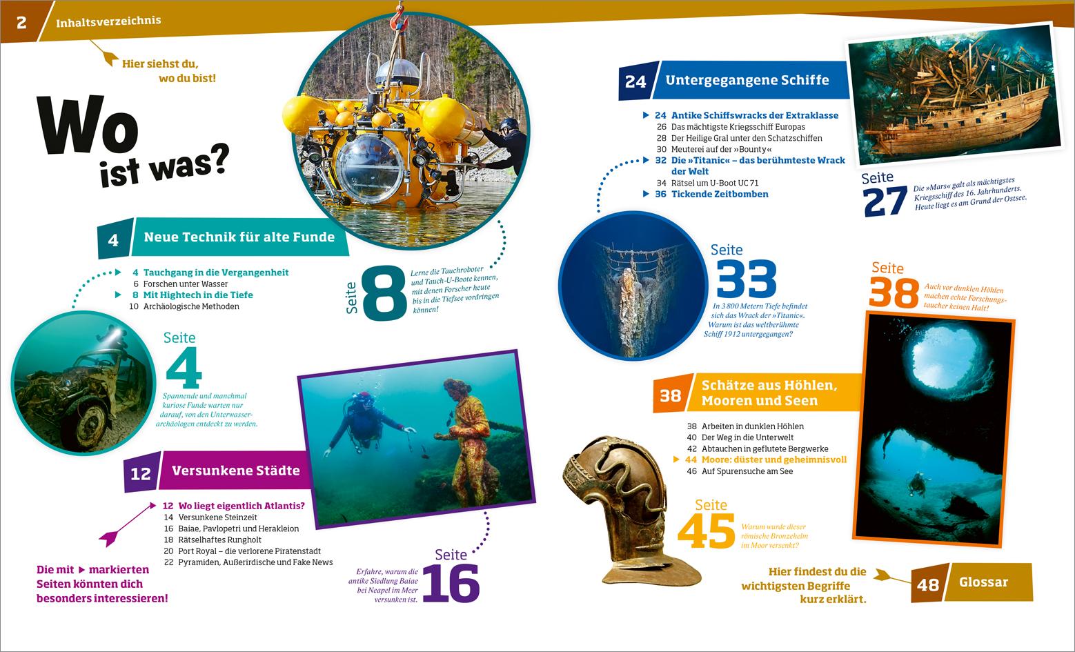 Beispielinhalt (Bild) WAS IST WAS Band 145 Versunkene Schätze. Von Atlantis bis Titanic