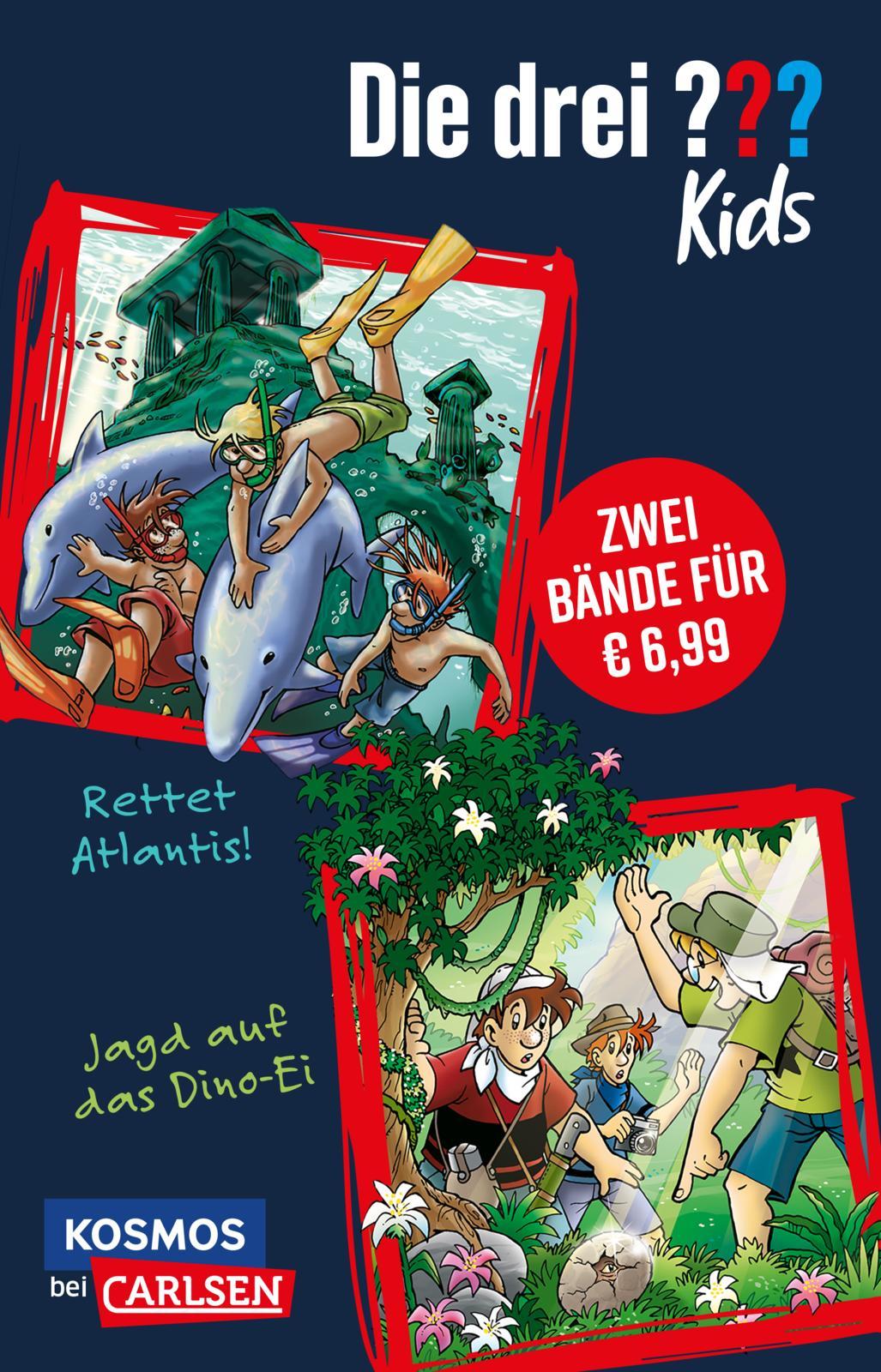Vorderes Coverbild Die drei ??? Kids: Doppelband - Enthält die Bände: Rettet Atlantis! / Jagd auf das Dino-Ei
