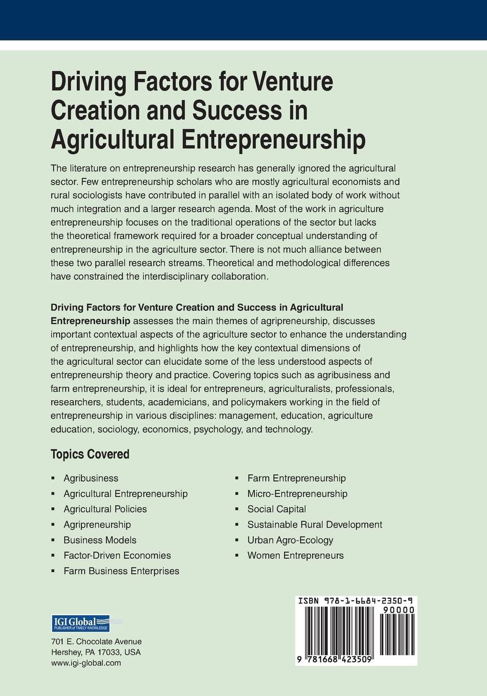 Rückseitencover Driving Factors for Venture Creation and Success in Agricultural Entrepreneurship